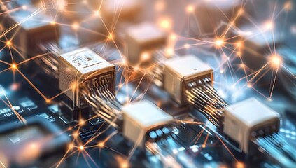 Circuit board network connection, futuristic background, data transfer