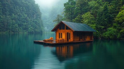 Fototapeta premium Serene wooden cabin on tranquil lake surrounded by lush green forest in misty atmosphere