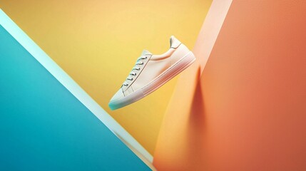 Stylish white sneaker levitating against a vibrant, geometric backdrop of teal and orange.