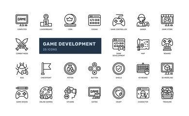 game development gaming coding project studio outline line icon set