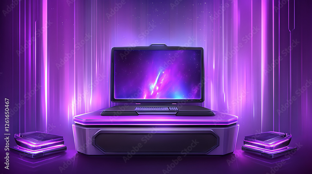 Poster futuristic workstation with galactic display and glowing platforms in a purple hued setting