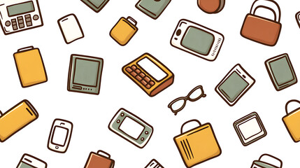 Gadgets Galore Tech Collection Seamless Pattern Featuring Vintage and Modern Devices in Cartoon Style