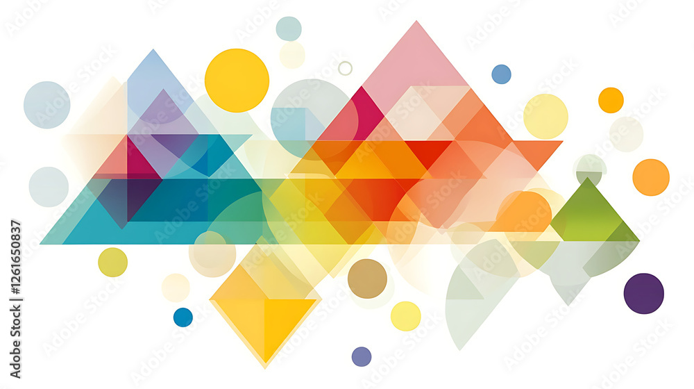 Poster geometric abstract composition with vibrant triangles and circles artistic design