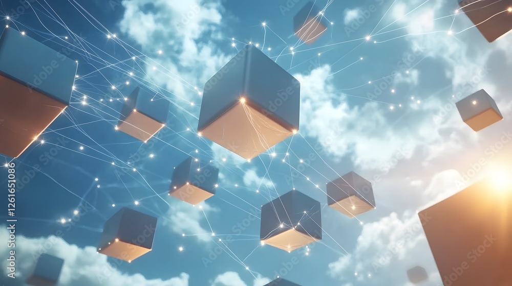 Poster floating cubes are connected by shimmering lines against clouds
