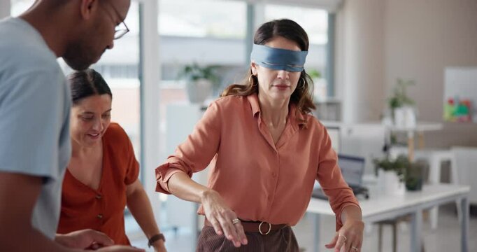 Business people, blindfold and team building with winning for activity or coordination at office. Employees, excited or fun game with colleagues in competition, challenge or contest for victory