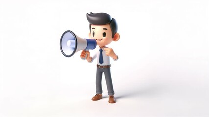 A cartoon man with a megaphone is pointing to the right. The cartoon is bright and cheerful, and the man's expression is serious - Powered by Adobe