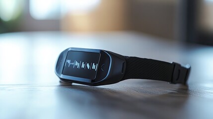 Fitness tracker displaying heart rate data on table, indoor background