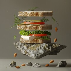 Levitating Rock Sandwich with Floating Ingredients in Minimalist Composition