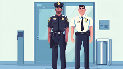 Digital art of police officers inside station focused on community safety