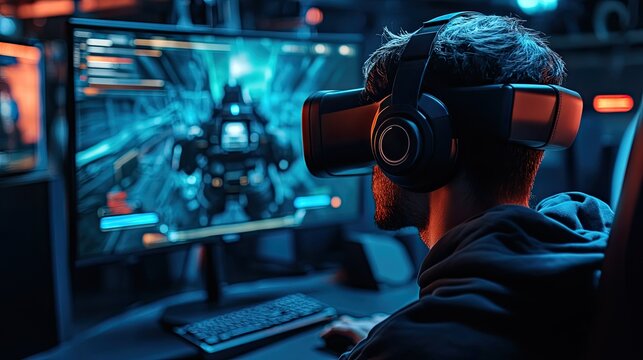 Gamer plays VR game at night, neon lights