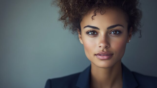 Confident businesswoman in a navy blazer, embodying professionalism and determination.
