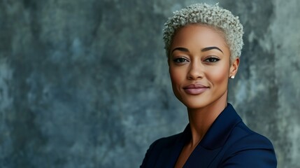 Confident businesswoman in a navy blazer, embodying professionalism and determination.