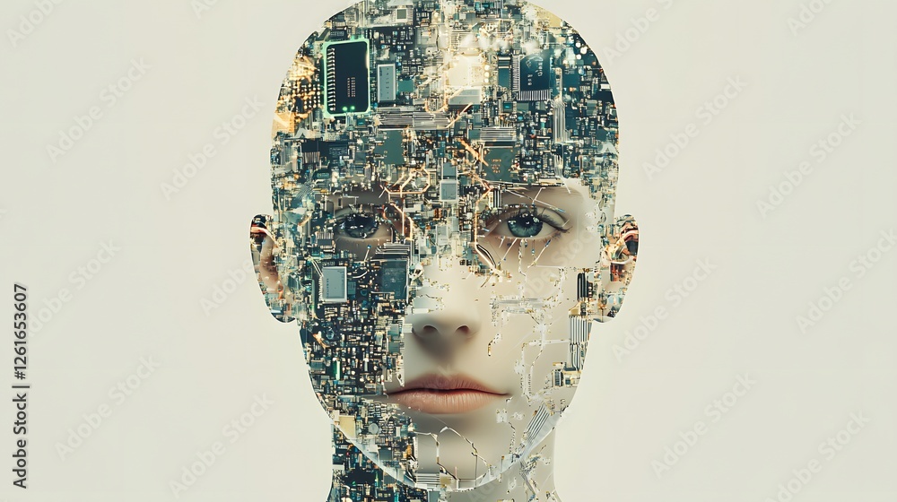Poster bionic human head with integrated circuitry and computer components