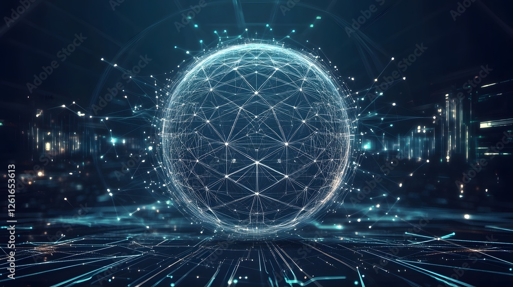 Wall mural digital sphere constructed with network connections and futuristic background