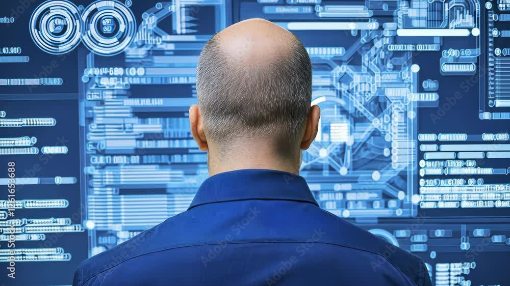 Poster back view of bald man in blue shirt analyzing data and graphs on futuristic digital interface, symbo