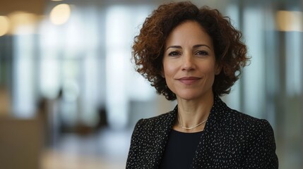 Businesswoman in office lobby, soft light, modern backdrop, conveying professionalism and focus.
