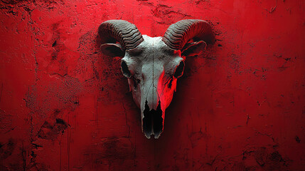 A ram skull displayed against a textured red wall, illuminated by a dramatic red light.