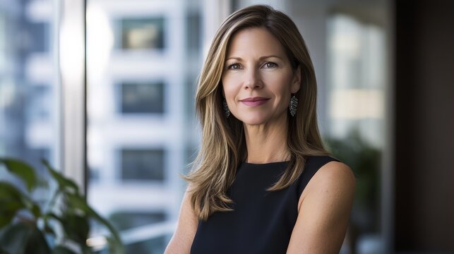 Businesswoman in office lobby, soft light, modern backdrop, conveying professionalism and focus.