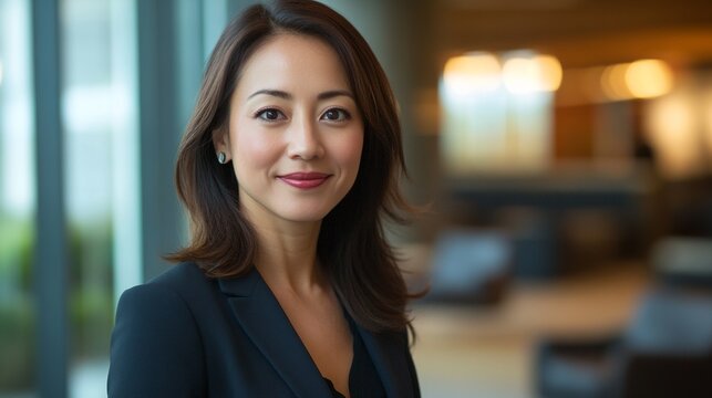 Businesswoman in office lobby, soft light, modern backdrop, conveying professionalism and focus.