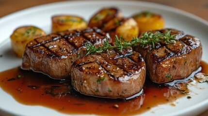 Grilled beef steaks with potatoes rosemary and a rich sauce on a white plate. Generative AI