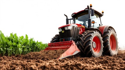 Obraz premium Tractor Plowing Fresh Soil on Farm with Green Crops in Background. Generative AI