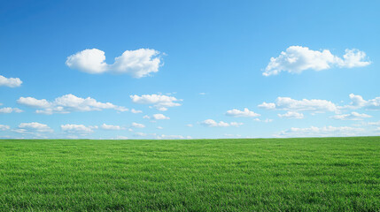 A vibrant green field under a clear blue sky with fluffy clouds.