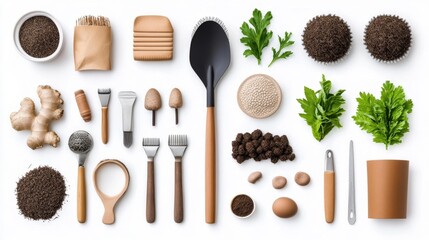 Set of culinary tools and ingredients including herbs and spices. Generative AI