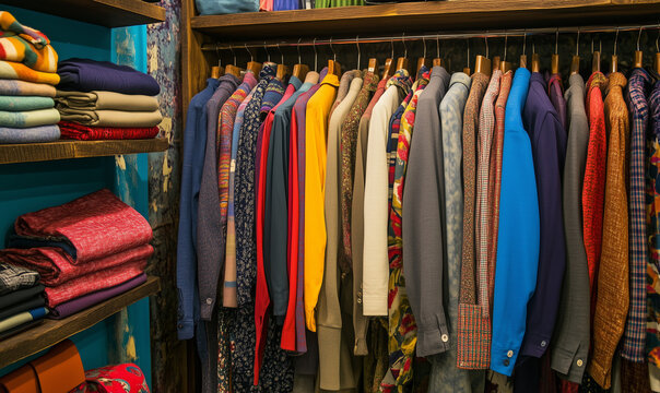 Casual weekend wear arranged neatly on display, showcasing vibrant styles and effortless modern fashion trends