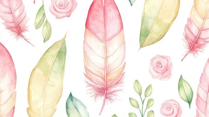 Fototapeta premium Watercolor Pastel Pink Feathers Roses Leaves Seamless Pattern Design