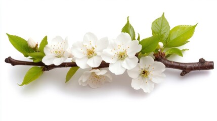Beautiful White Cherry Blossom Branch on a White Background. Generative AI