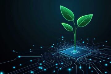 Green sprout growing from microchip; digital sustainability