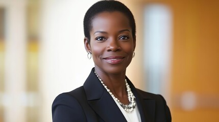 Confident black businesswoman exudes professionalism and leadership in a corporate setting.