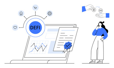 Laptop screen with DEFI node connected to housing, shopping, gears, heart icons. Certified document, graphs. Person pondering. Ideal for fintech, blockchain crypto investment digital