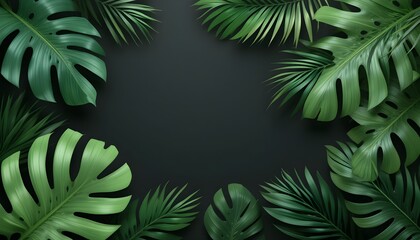 Elegant tropical palm and philodendron leaves forming a natural frame on a dark background, ideal for modern nature-inspired designs.