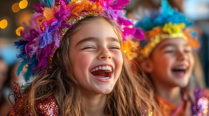 Smiling Kids Wearing Colorful Feathers at Carnival Parade. Generative AI