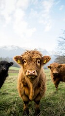 Close-up of a Highland Cow with a Scenic Mountain Background