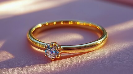 Elegant gold ring with a sparkling diamond on a soft pink background, ideal for jewelry displays