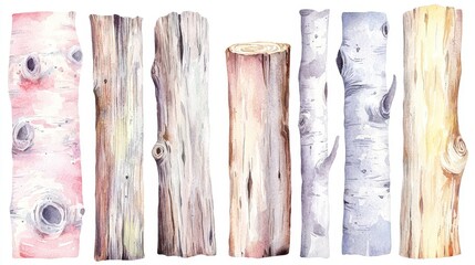 Watercolor Collection of Pastel Colored Wood Logs and Tree Trunks Perfect for Craft and Design