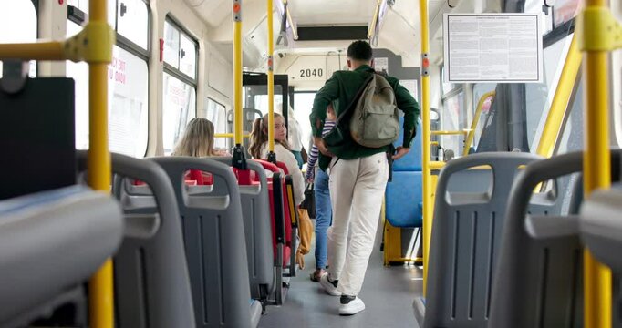 Bus stop, back and off with people, travel and commute with road trip, end of ride and service. Group, citizens and man with backpack, metro and journey with adventure and public transportation