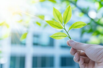 Hand holding fresh green leaves urban setting nature photography bright environment close-up view eco-friendly concept