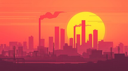 Naklejka premium Industrial sunset over cityscape urban environment digital illustration pollution awareness