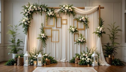 Beautiful wedding backdrop with white drapes, gold frames, fresh flowers, greenery, candles, and rustic wood accents, creating a romantic and elegant setting.