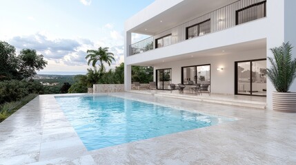 Fototapeta premium Modern two-story luxury villa featuring a swimming pool and outdoor patio terrace surrounded by tropical trees.