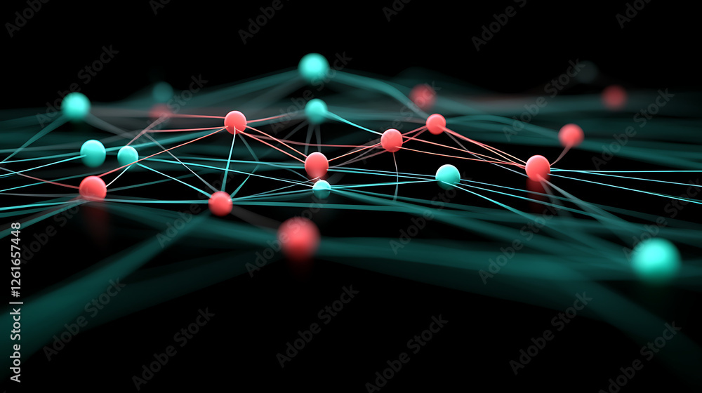 Poster interconnected network of spheres and lines creating complex visual patterns on dark background