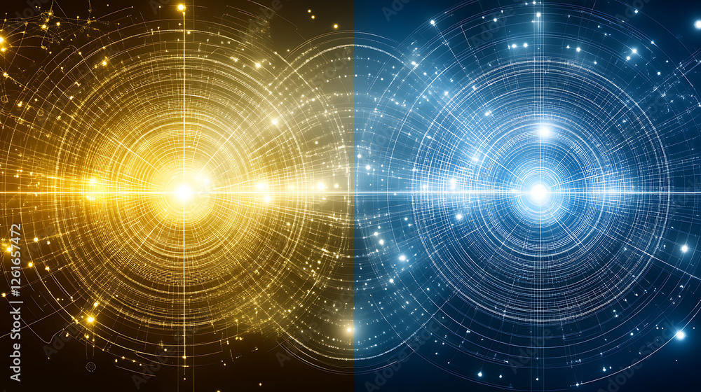 Aufkleber interconnected golden and blue technological circles data flow concept abstract backdrop design