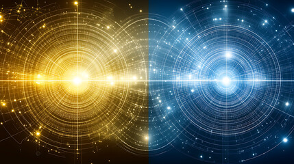 Obraz premium Interconnected Golden and Blue Technological Circles Data Flow Concept Abstract Backdrop Design