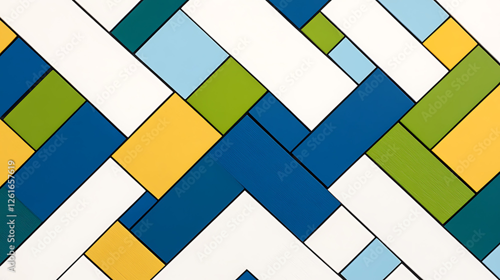 Poster interlocking rectangular shapes composition with vibrant color palette for modern design aesthetic