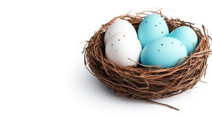 Obraz premium Nest with Light Blue and White Painted Eggs with Dots. Generative AI