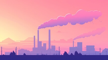 Obraz premium Industrial pollution impact on environment urban area digital artwork dusk wide angle view environmental awareness