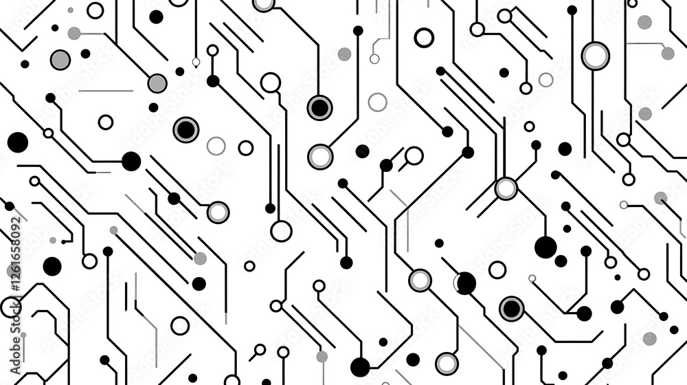 Poster intricate circuit board inspired pattern with lines circles dots connections technology abstract art